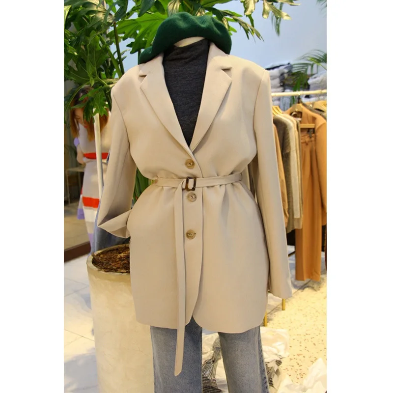 

Small Suit Women's Jacket Medium Long 2019 Autumn New Korean Version of The Slim Long-sleeved Casual Single-sleeve Buckle Coat