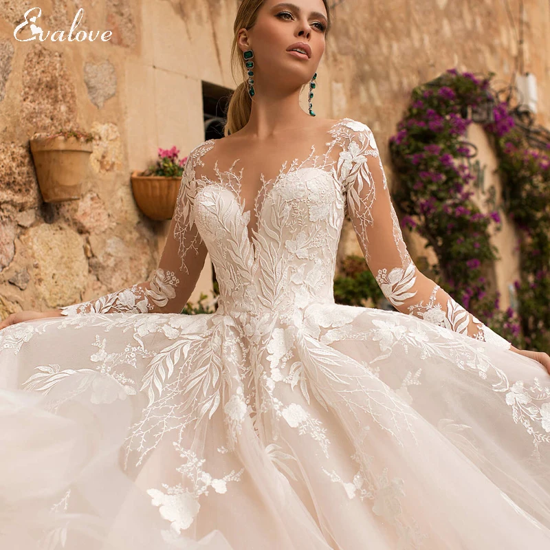 EVALOVE Glamorous Scoop Neck Appliques Bride A-Line Wedding Dresses Elegant Long Sleeve Tulle Court Train Princess Gown | Свадьбы и