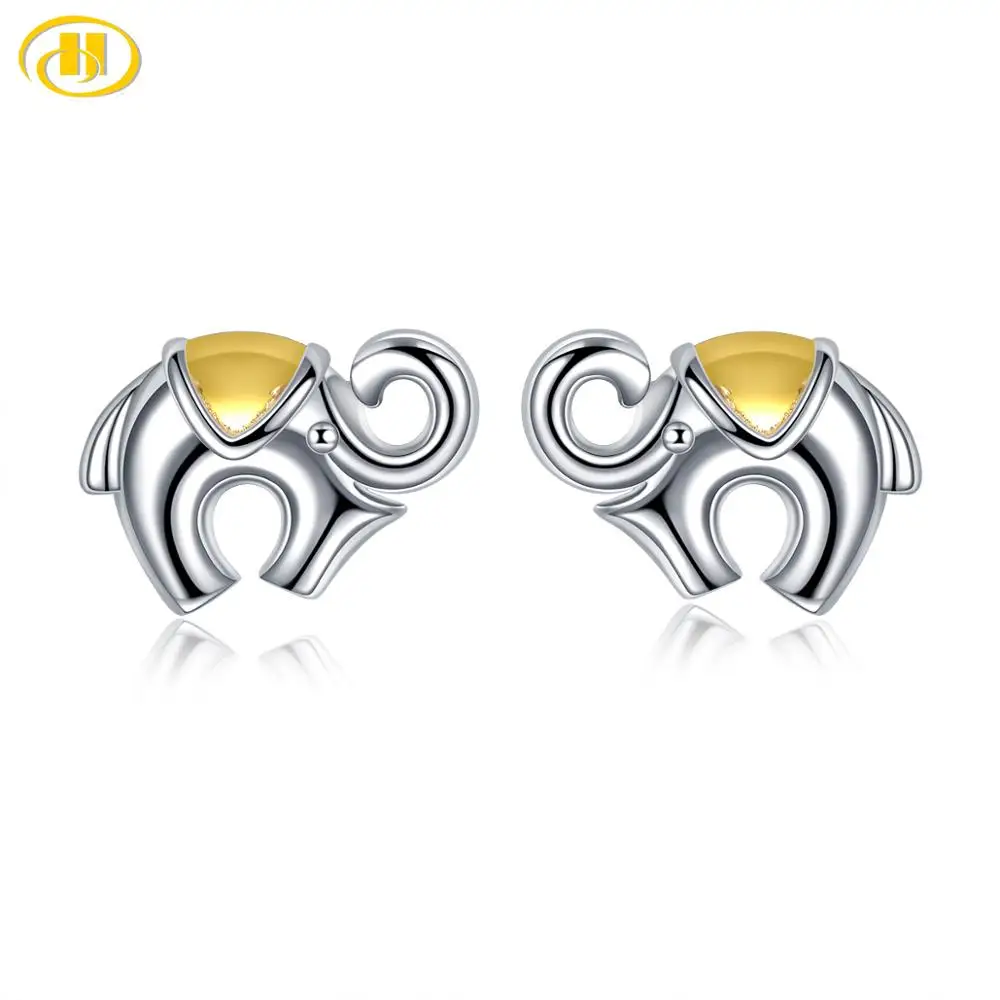 

Hutang Elephant Stud Earrings Solid 925 Sterling Silver Fine Elegant Yellow Color Animal Jewelry for Women Girl Best Gift New