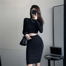 

Women'S Suit With A Skirt Black Long Sleeve Boycon Bandage Dress Two Piece Sets Womens Outifits Gray Tops And Long Skirt Faldas