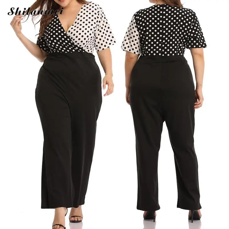 

Plus Size Polka Dot Jumpsuits Women Summer Wide Leg Trousers Casual Rompers Lady Office Work Patchwork Playsuits For Women 4xl