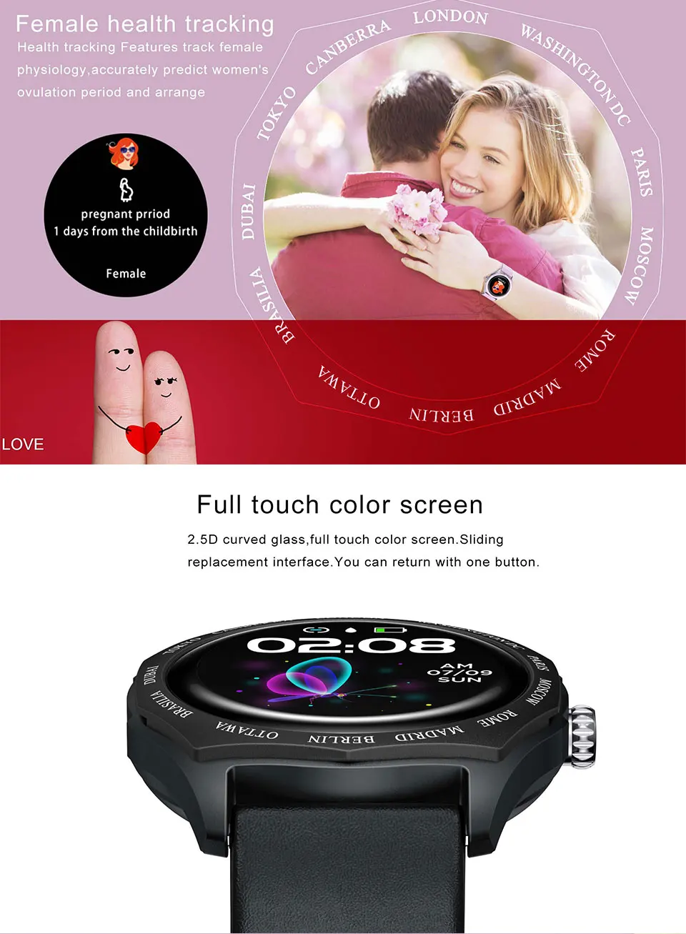 LEMFO V18, Смарт-часы для женщин, 1,22 дюймов, Полный Круглый сенсорный экран, меняющий цвет, ремешок, мониторинг сердечного ритма, женские умные часы