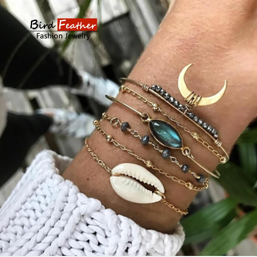 Gold color Bohemian Handmade Weave Horn shell beads Bracelet Sets Women 2019 New Rope Chain Bracelets Retro Jewelry Accessories | Украшения