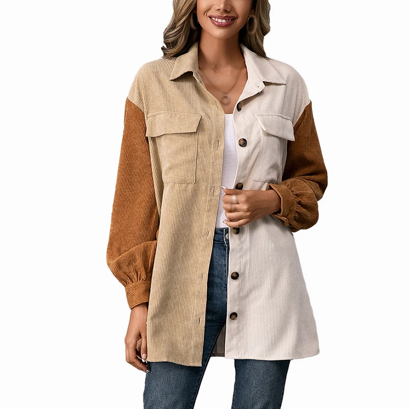Womens Corduroy Shirts Oversized Blouses Tops Collared Long Sleeve Jacket Good5F