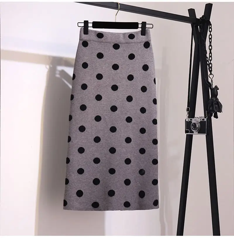 Grey MZ0109 GIGOGOU Polk точка вязаный женский свитер Юбки эластичный высокая талия миди юбки осень зима Толстая облегающая юбка-карандаш с разрезом - Цвет: Grey MZ0109