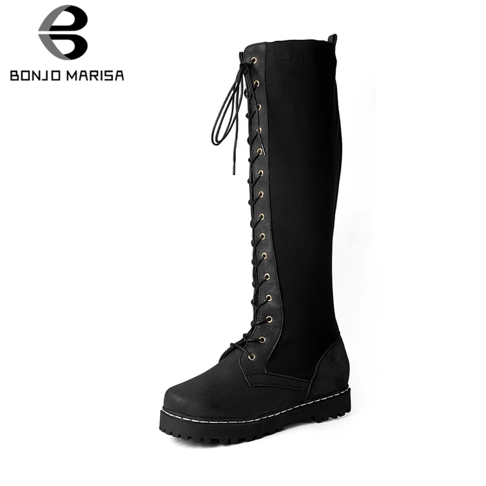 

BONJOMARISA New 30-52 Women mid-calf Stretch Elastic Boots Women 2020 lace-up Patchwork Boots Lady non-slip Platform Shoes Woman