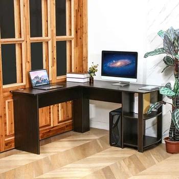 

Wooden Computer Office Desk Writing Desk Home Gaming PC Furnitur L-Shape Corner Study Computer Table With Book Shelf