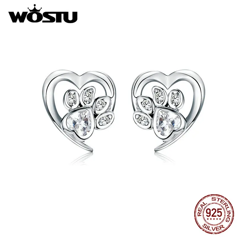 WOSTU 925 пробы, серебряные серьги-гвоздики в форме лапы собаки, сердца для женщин, стильные милые маленькие серьги с цирконием, ювелирные изделия, CQE654-WH