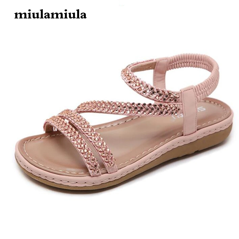 

Miulamiula Women Sandals Flats Vintage Bohemian Style Rubber Soft sole Light Comfortable Rhinestone Decorative Upper Women Shoes
