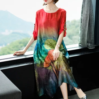 

2020 Spring Summer Women Show Thin Printed Red Dresses Short Sleeve Loose Casual Mid-calf O-neck Dress Vestidos Elegantes