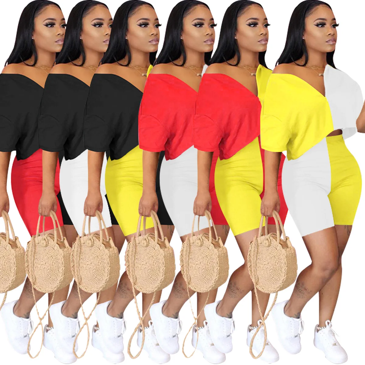 

Deep V-Neck Solid Color Patchwork Summer Women Suit European and American Hot Style Model Casual Fashion Clothes