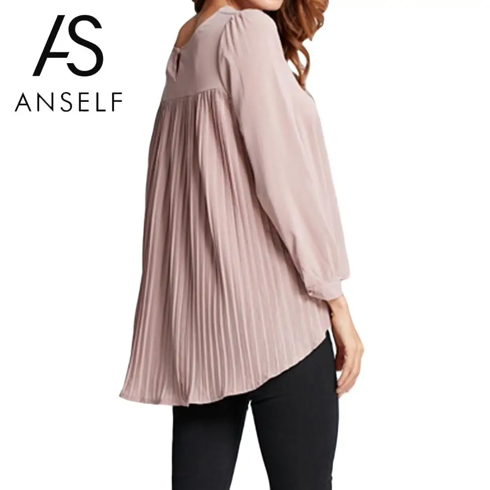 Anself женская шифоновая блузка со складками сзади с круглым вырезом и длинным рукавомЖенская блузка Асимметричная Свободная Повседневная рубашка 5XL плюс Размер Топ
