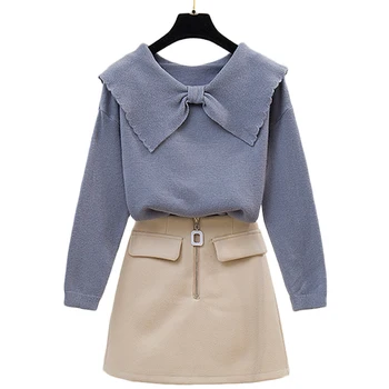 

Long Sleeve Knit Sweater Suits Bowknot Top Knitwear & Pocket Zip Short Skirts Outfit Women 2 Pcs Clothing Set Leisure Vestido