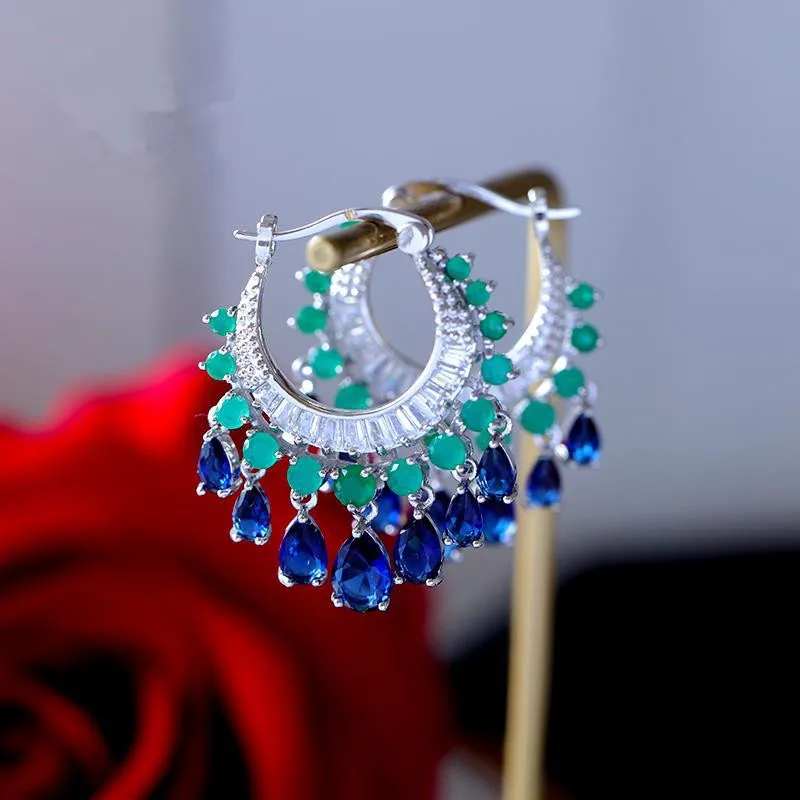 FXLRY elegant White color cubic zircon waterdrop tassel dangle earrings party bridal wedding jewelry