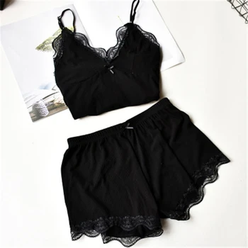

High Elastic Pijama Nightie Home ClothesSet Sexy Lace Top And Shorts Pyjamas Spaghetti Strap SleepwearTwo Piece Cotton Pajama