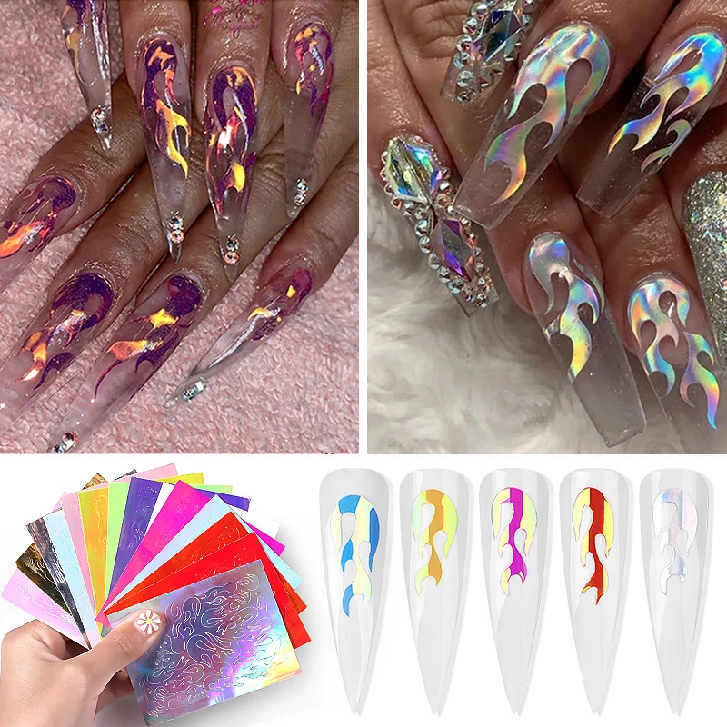 

1Pc Holographic Fire Flame Nail Vinyls Stencil Hollow Stickers Fires On Manicure Stencil Stickers Nail Art Decoration