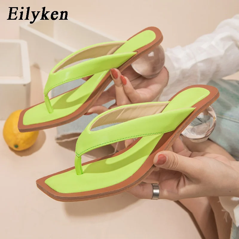 Eilyken Square head Pinch flip flops Crystal transparent Ball Low Heel Clear Women slippers Slides Fashion Design Green Size 43