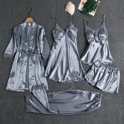 Sleepwear Female 5PCS Pajamas Set Satin Lace Patchwork Bridal Wedding Nightwear Rayon Home Wear Robe Suit