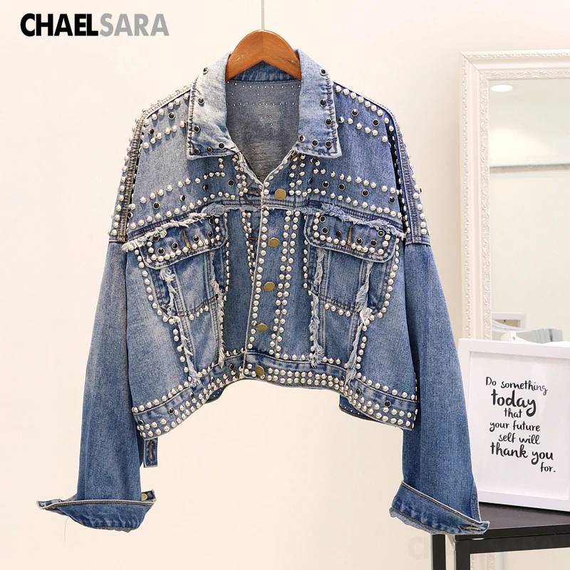 

Women Streetwear Rivet Denim Jacket Spring Autumn Ladys Punk Diamonds Batwing Sleeve Short Jeans Coat Outerwear
