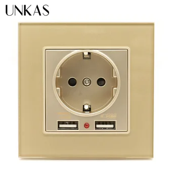 

UNKAS Dual USB Charging Port 2.1A Wall Charger Adapter EU Socket Power Outlet PC Panel Gold New Luxury Glass Panel