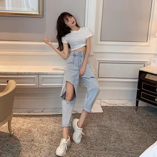 Hong Kong-flavor chic высокая Талия Полые девять минут брюки свободные потертые водой джинсы