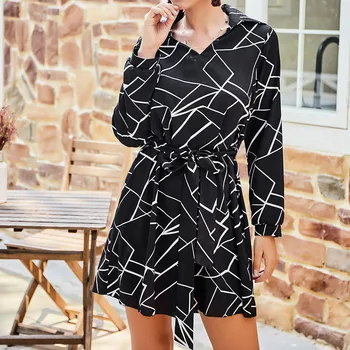 

Women Dress Autumn Women Fashion Black strip Long Sleeve Loose V-Neck Sashes Mini Dress Wholesale Free Ship платье Z4