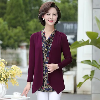 

2020 Autumn New Middle-Aged Women Tops Fake Two-Piece Long-Sleeved Loose Large Size Pullovers Print Women T-shirt Pullover