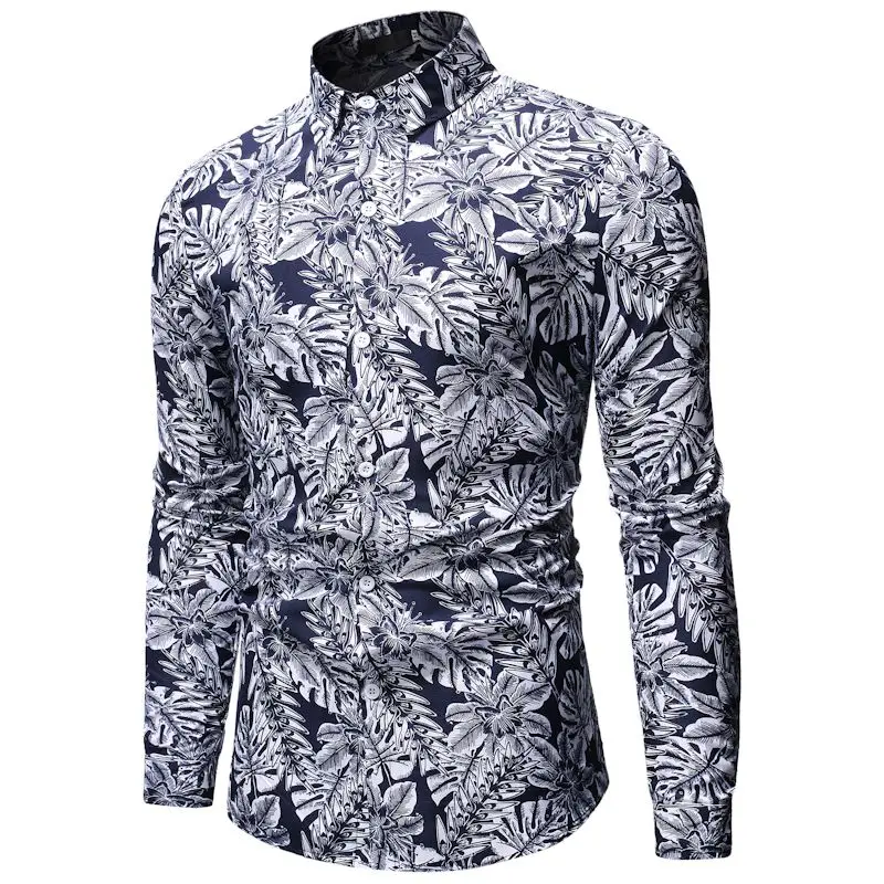 3D Листья печати платье рубашка для мужчин 2019 новый бренд Slim Fit Гавайские рубашки с длинными рукавами мужские s кнопки вниз вечерние рубашки