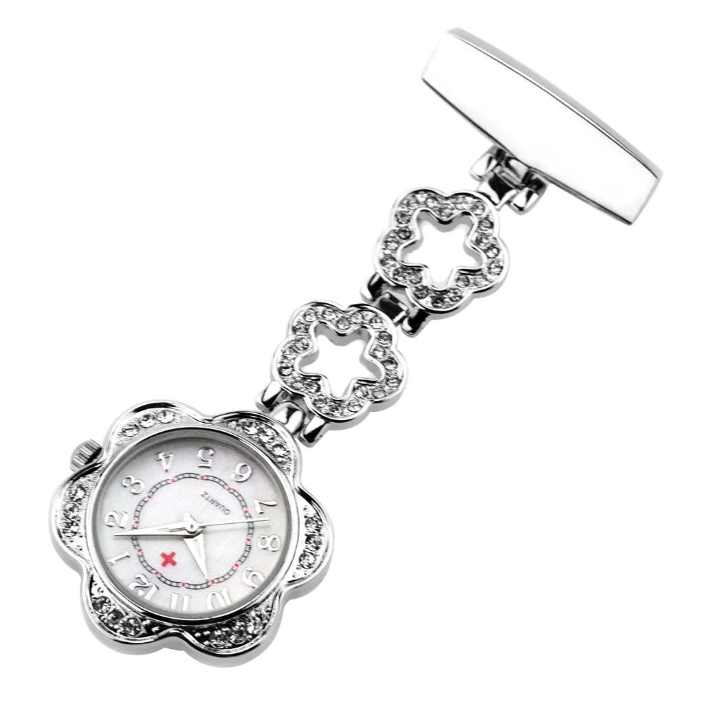 Nurse Nursing Chain Brooch Crystal Rhinestone Flower Pendant Fob Pocket Watch