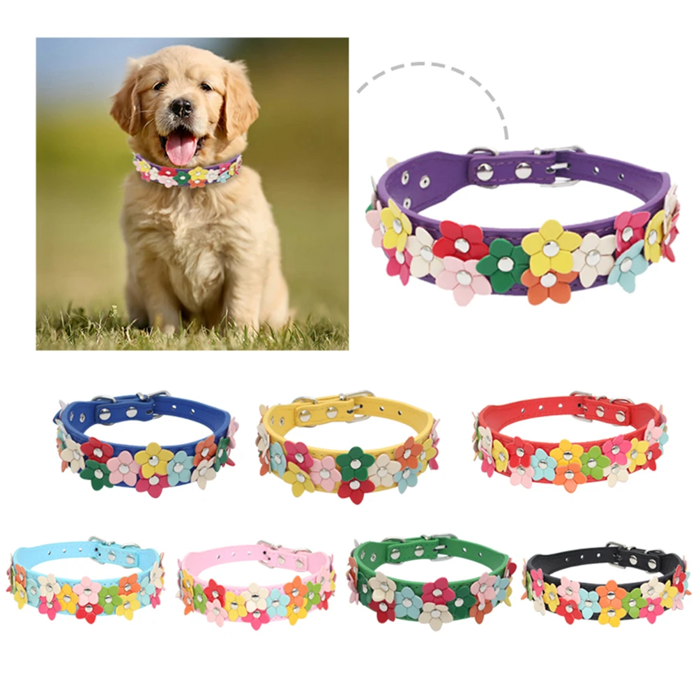 Прочный и регулируемый ошейник из искусственной кожи с цветными цветами для