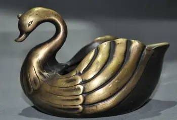 

6"Rare old Chinese bronze copper Feng shui swan statue Pen wash Ashtray
