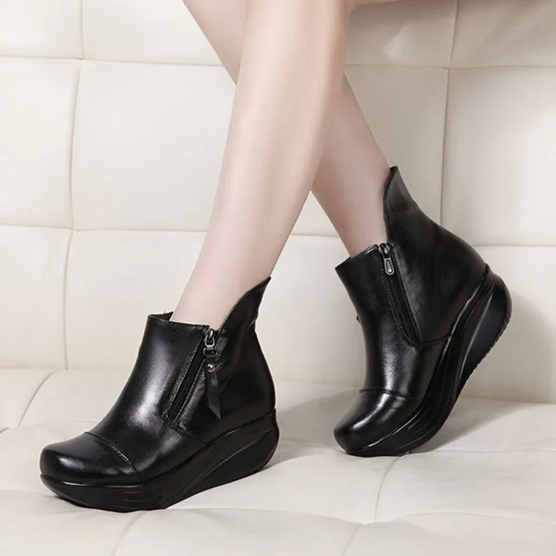 LIN KING/модные женские ботинки Теплые из плюша на толстой подошве зимние танкетке и