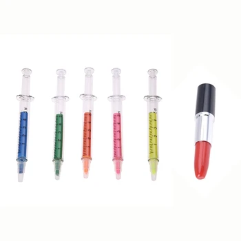 

5 Pcs Needle Tube Highlighter Fluorescent Pen & 1 Pcs Ballpoint Ball Pen Form of Red Lipstick Color of Ink Blue