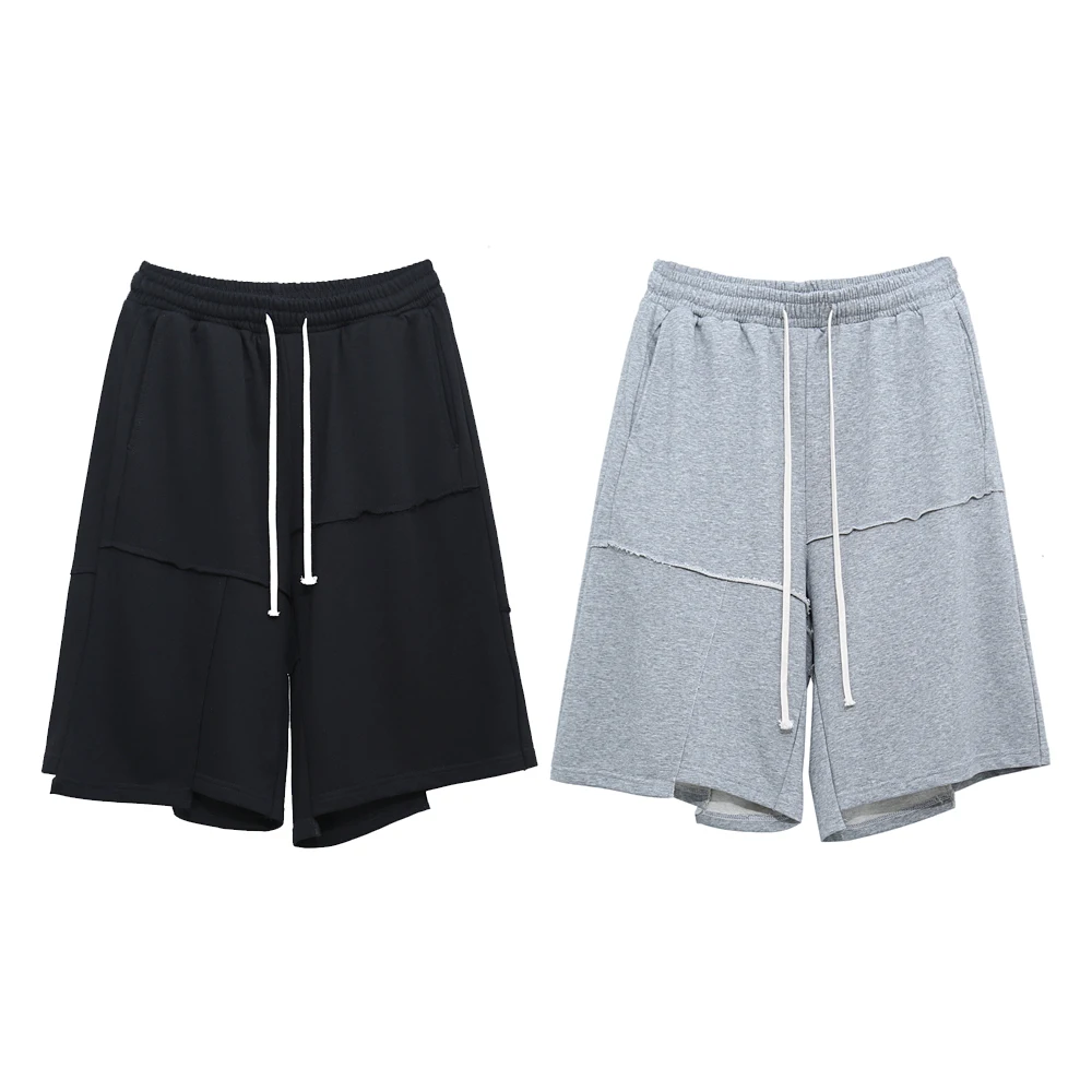

UNCLEDONJM Irregular Sweat Shorts Men's Hip-hop High Street Solid Color Sweatpants Summer Loose Drawstring men shorts NC-9850