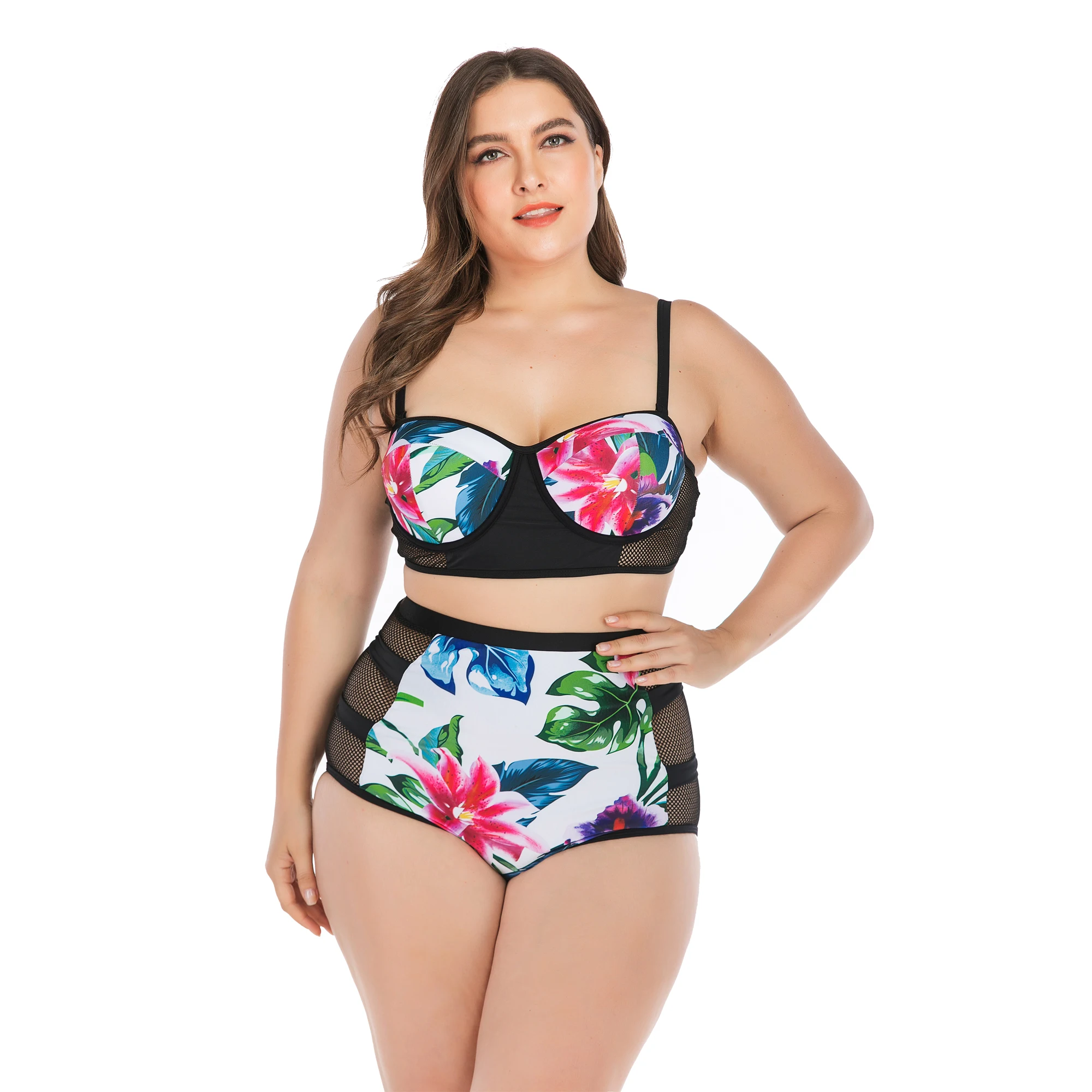 

Mesh Patchwork Plus Size 4XL Swimwear Women Sexy Bikini Set Two-Piece Floral-Print Swimsuit New High Quality Bathing Suits