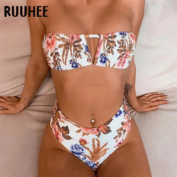 

RUUHEE Bandeau Bikini Hollow Out Swimwear Women Swimsuit Printed Bikini Set 2020 Bathing Suit Push Up Beachwear Female Biquini