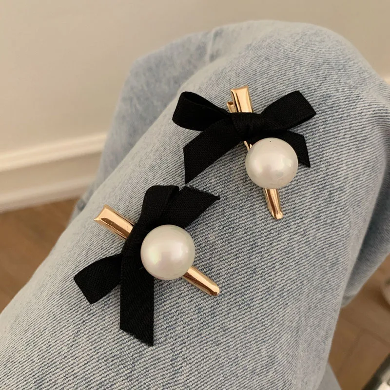 2Pcs Girls Cute Black Ribbon Bow Big Pearl Hair Clip Simple Handmade Hair Grip Fashion Hairpin Styling Hair Accessories 1 2pcs 20cm square handbags handle pearl decor metal kiss clasp sewing brackets purse frame diy bag handles hardware accessories