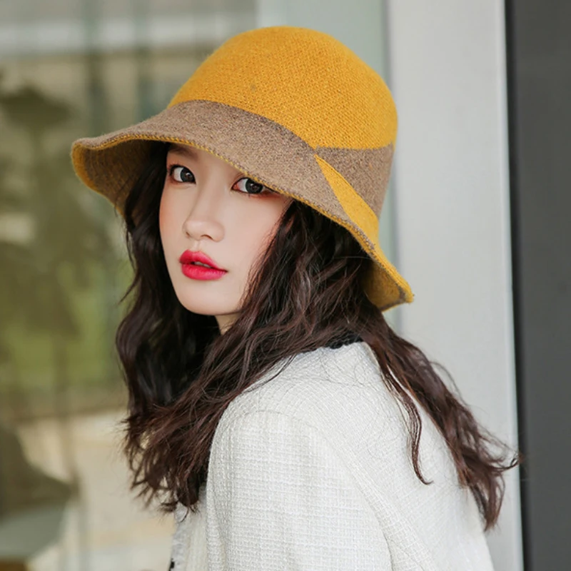 HT2768 New Fashion Knitted Hat Elegant Warm Autumn Winter Wool Hat Lady Wide Brim Bucket Hat Female Patchwork Fishing Bucket Cap