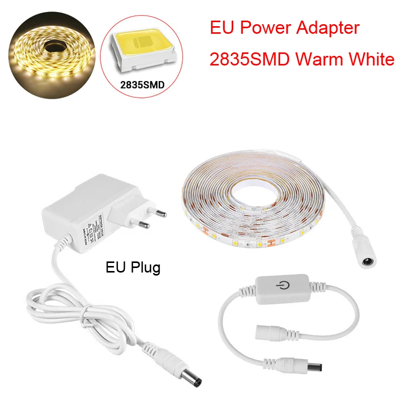 2835 Warm White EU 12 В постоянного тока, 1 м-5 м, светодиодный сенсорный выключатель с регулируемой яркостью, Ночной светильник 2835 5050, Светодиодная лента, набор для кухонного шкафа, кровати, лестницы, подсветка, светильник - Испускаемый цвет: 2835 Warm White EU