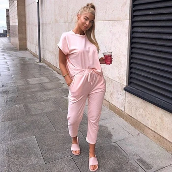 

Casual Streetwear Sets 2020 Spring Summer Women Two Pieces Sets Outfits Pockets Drawstring Pants Short Tops 2 Piece Tracksuits