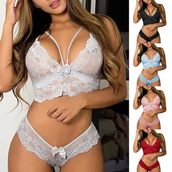 

Sexy Lingerie Set Women Transparent Lace Babydoll Open Bra Set Floral Purple G-String Underwear Set Nightwear Bra And Panty Sets