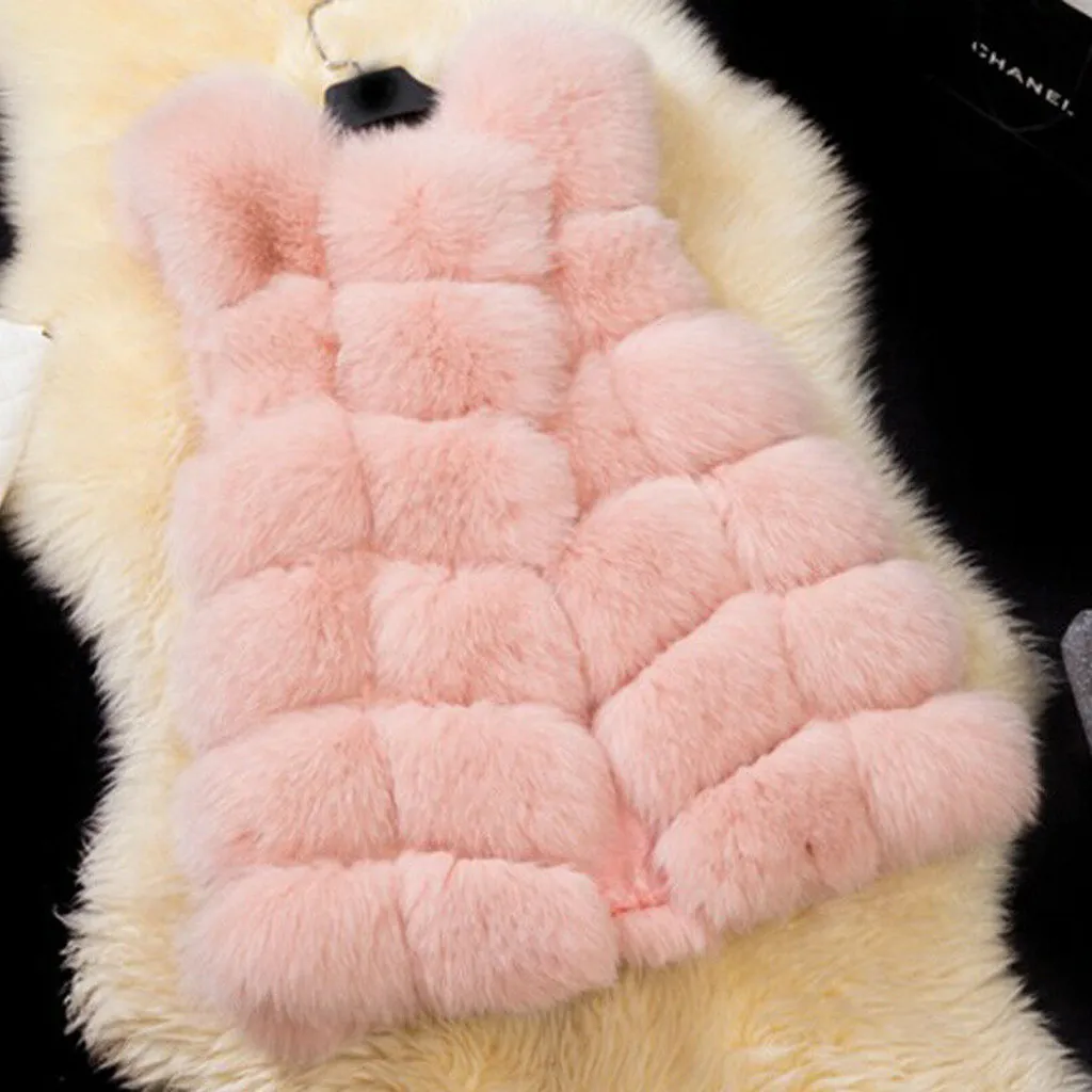 Элегантное женское розовое пальто из искусственного меха жилетка жилет без рукавов теплая куртка Толстая теплая верхняя одежда зимнее пальто для женщин F104