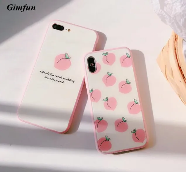 Gimfun Summer Fresh Pink Peach Glass Phone Case for Iphone X Xs Xsmax Xr Fruit Soft Tpu 6 6s 7 8 Plus Back Cover |