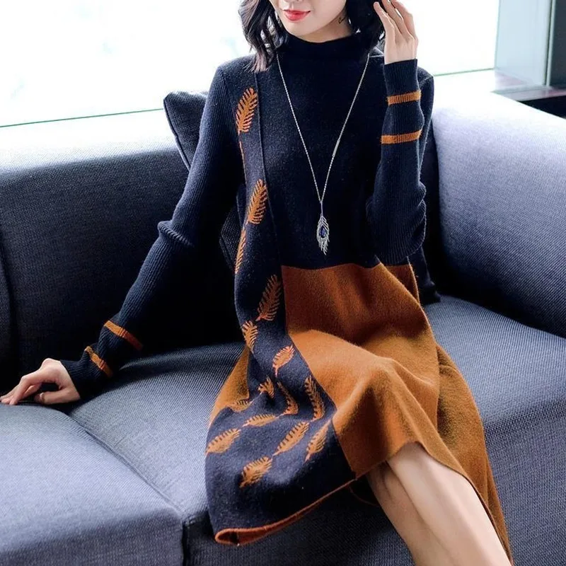 

Women's Autumn Loose Sweater Dresses A-line Elegant Casual Printed Long Sleeve One Piece Dress Office Lady Winter Knitted Dress