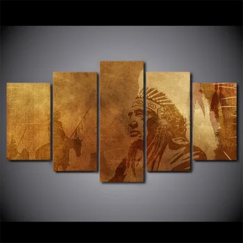 

5 Panel Canvas Art Indian Warrior Tribe Chief Painting Modular Wall Pictures Painting For Living Room