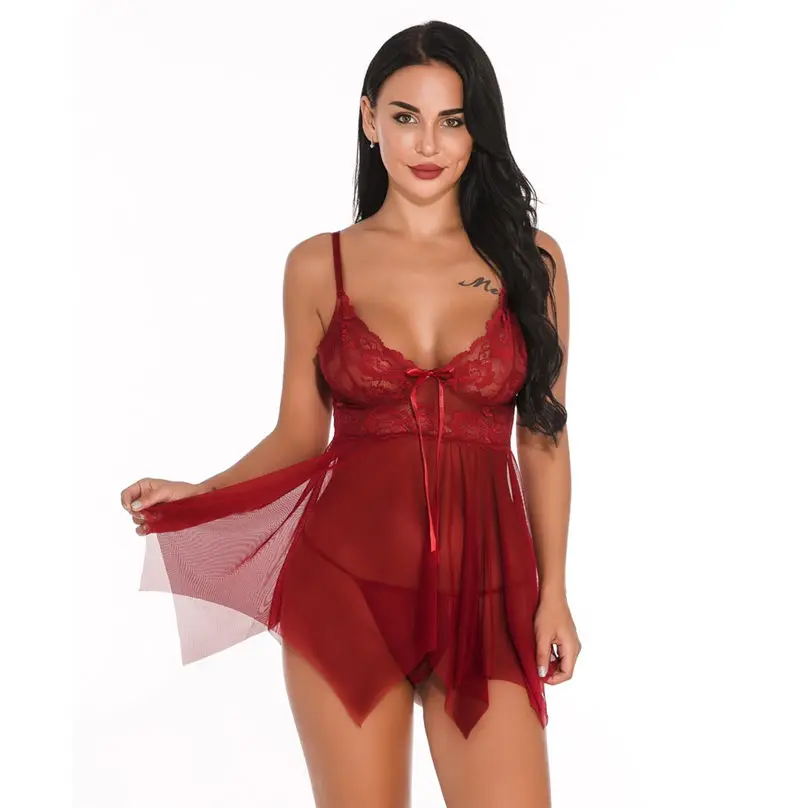 1 Set Sexy Lingerie for Women Erotic Transparent Babydoll Lace V Neck Mesh Sleepwear Dress Lingerie сексуальное белье 3Y29 (15)