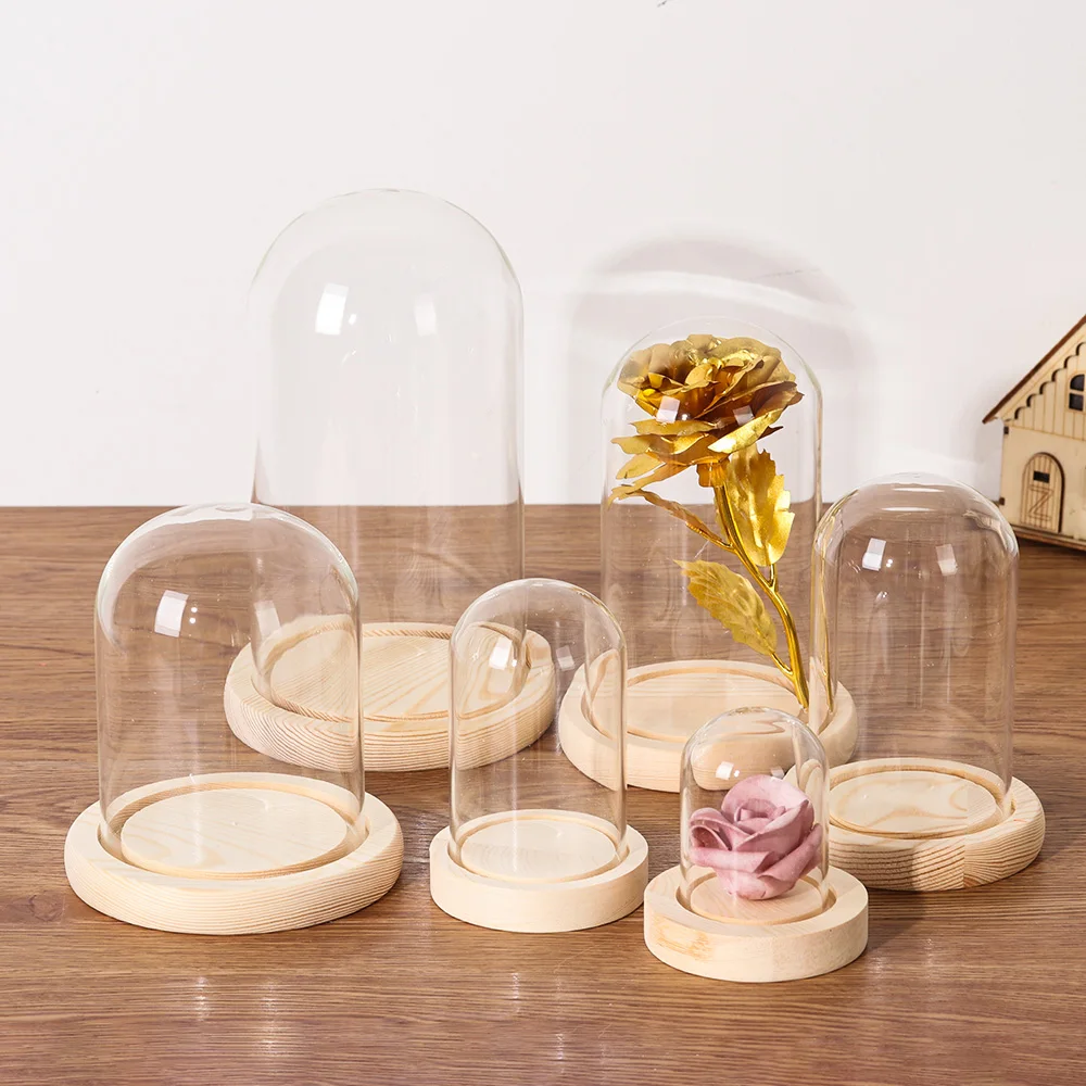 Terrarium Bottle Wooden Base Dust Cover Glass Cloche Jar Display Stand Cover Display Box Immortal Flower Storage glass bottles mini glass bottles glass display dome kitchen food storage jars