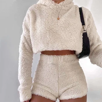

2PCS/Sets Sexy Fluffy Suits Velvet Plush Hooded Sleepwear Shorts+Crop Top Women Tracksuit Casual Sports Set Overalls Sweatshirts