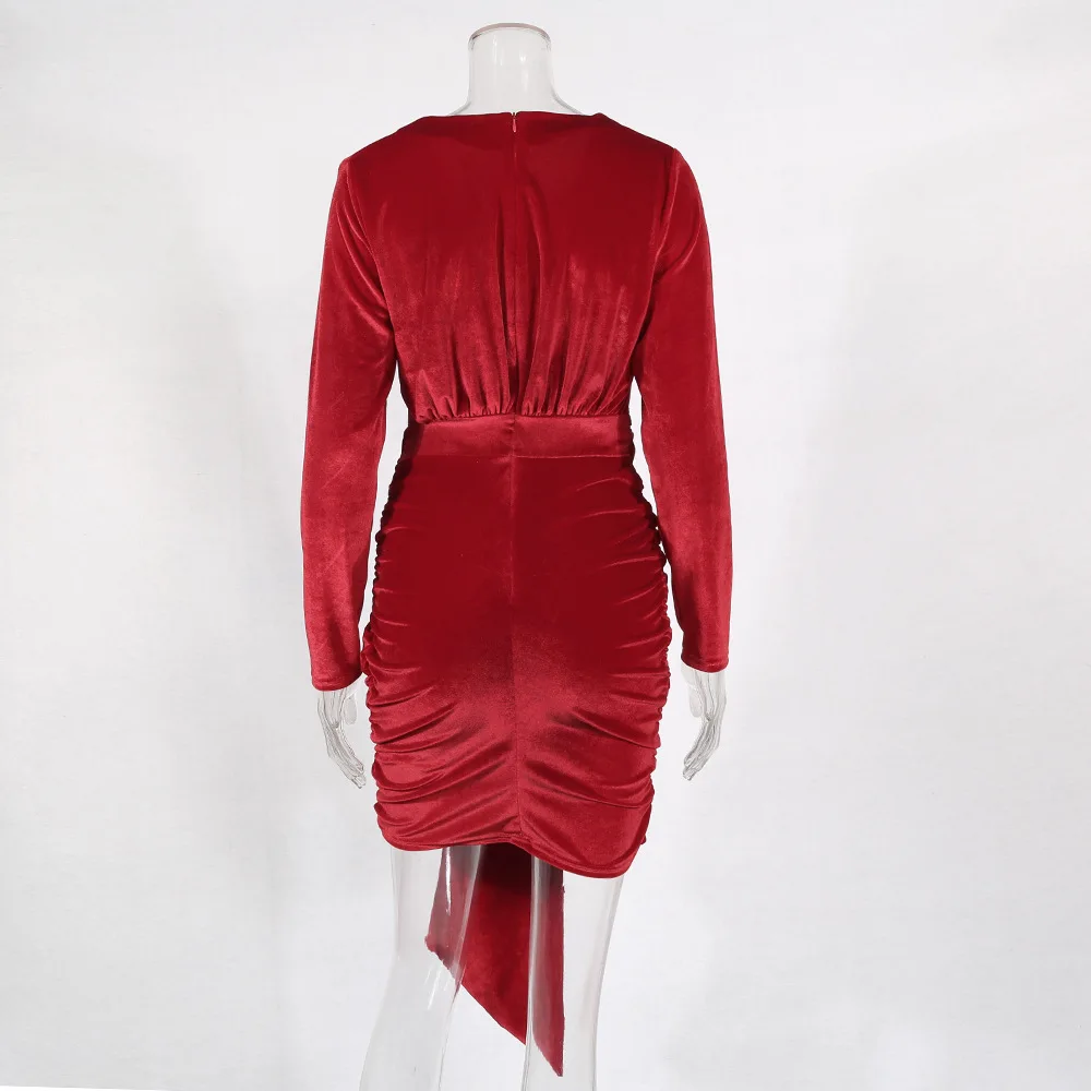 Криптографическое сексуальное красное платье с глубоким v-образным вырезом и рюшами, рождественское мини-платье с длинным рукавом, мода зима
