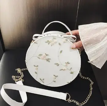 

High Quality Sweet Lace Round Handbags 2020 PU Leather Women Crossbody Female Fashion Small Fresh Flower Chain Shoulder Bag